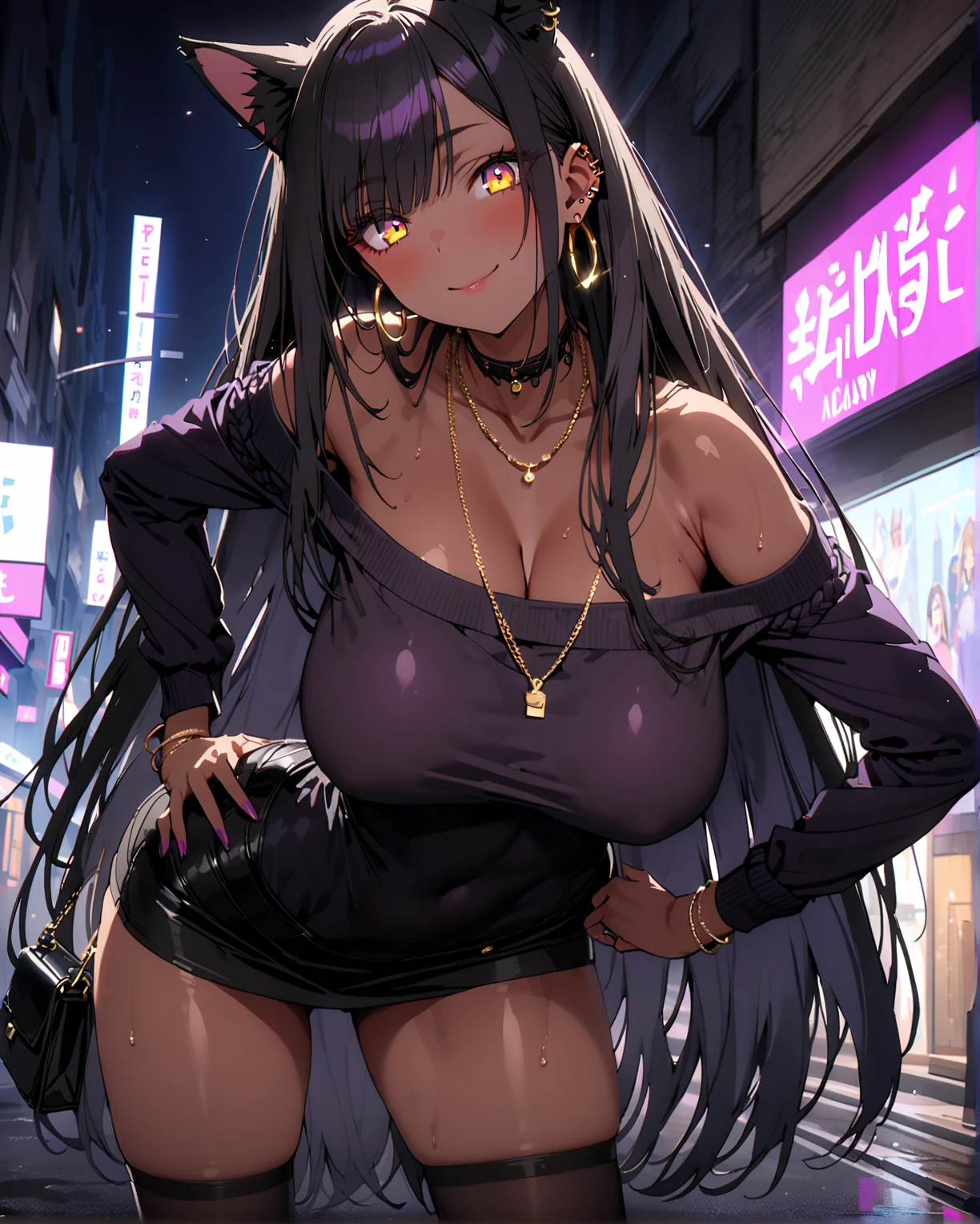 (masterpiece:1.37), best quality, (extremely detailed:1.37), woman, (very long hair:1.5), dark purple hair, purple eyes, (extremely detailed eyes:1.37), standing, (wetting self:2.0), large breasts, stylish jacket, multicolored jackt, jeans, cleavage, navel, city, high-tech, street