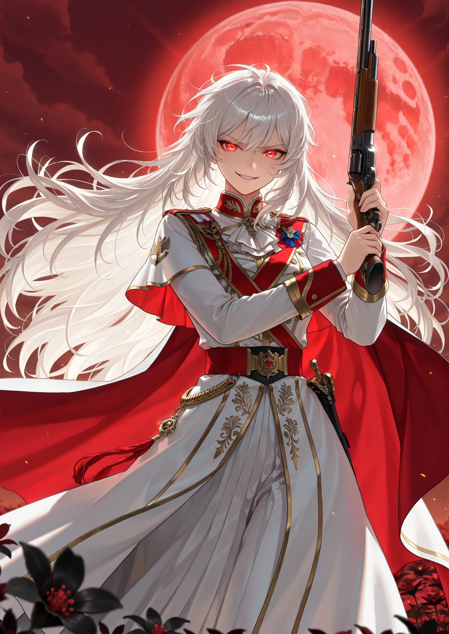 (in the style of a Solo Max Level Newbie:0.63), god rays, vivid colours, light stream, manhwa girl, detailed texture, masterpiece, masterpiece, best quality, amazing quality, very aesthetic, high resolution, ultra-detailed, absurdres, (hands:-0.15), dramatic lighting, french girl, european aesthetic,
(1girl, beautiful, lady, young, solo, female:1.25),(dynamic pose, medium shot:1.01), white hair, messy hair, very long hair, wild hair, ruffled hair, red eyes, glowing eyes, capelet, Assassin's Creed, (white dress:0.42), french royalty, flower ornaments, black flowers, blood moon, red moon, white royal uniform, golden trim, red crest, formalwear, officer's uniform, honor guard, diagonal cape (smirk, relaxed, war, bloodlust, arrogance:1.24), wielding lever action shotgun, SAIGA shotgun
BREAK, depth of field, volumetric lighting