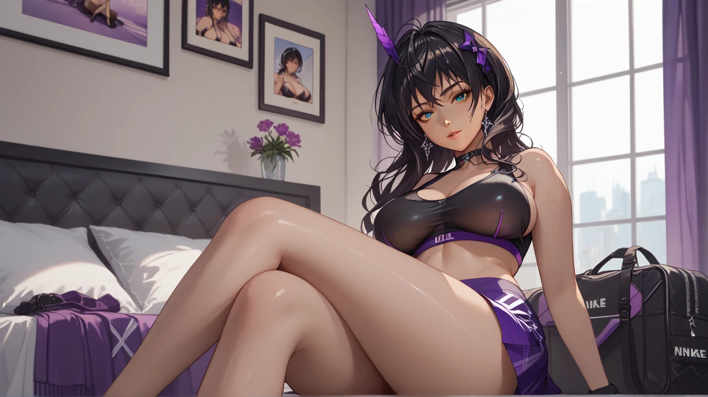 Overwatch Dva half naked, PROVOCATIVE POSE, crossed legs, sitting, Room with natural lighting.