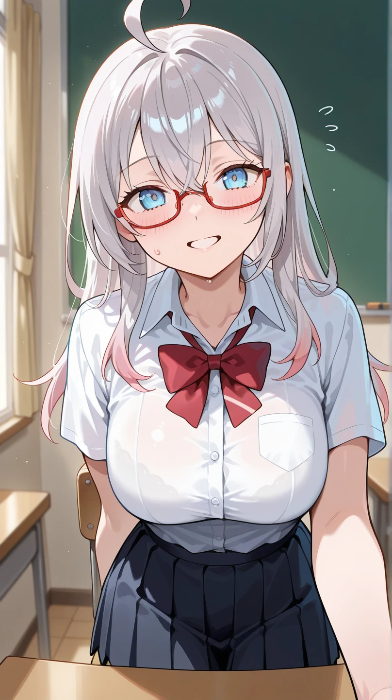 (masterpiece,highest quality,超A high resolution),japanese woman, (((Very beautiful 25 year old girl))), pretty girl、look at the photographer、 ((beautiful low ponytail)), super cute face, glossy lips, double eyelids in both eyes,natural smile、 natural makeup, long eyelashes, Shiny and smooth hair、center image, perfect limbs, perfect anatomy,(((bra and panties))、locker room,,surprised face,glasses,(wet with sweat)(((Changing clothes))school uniform