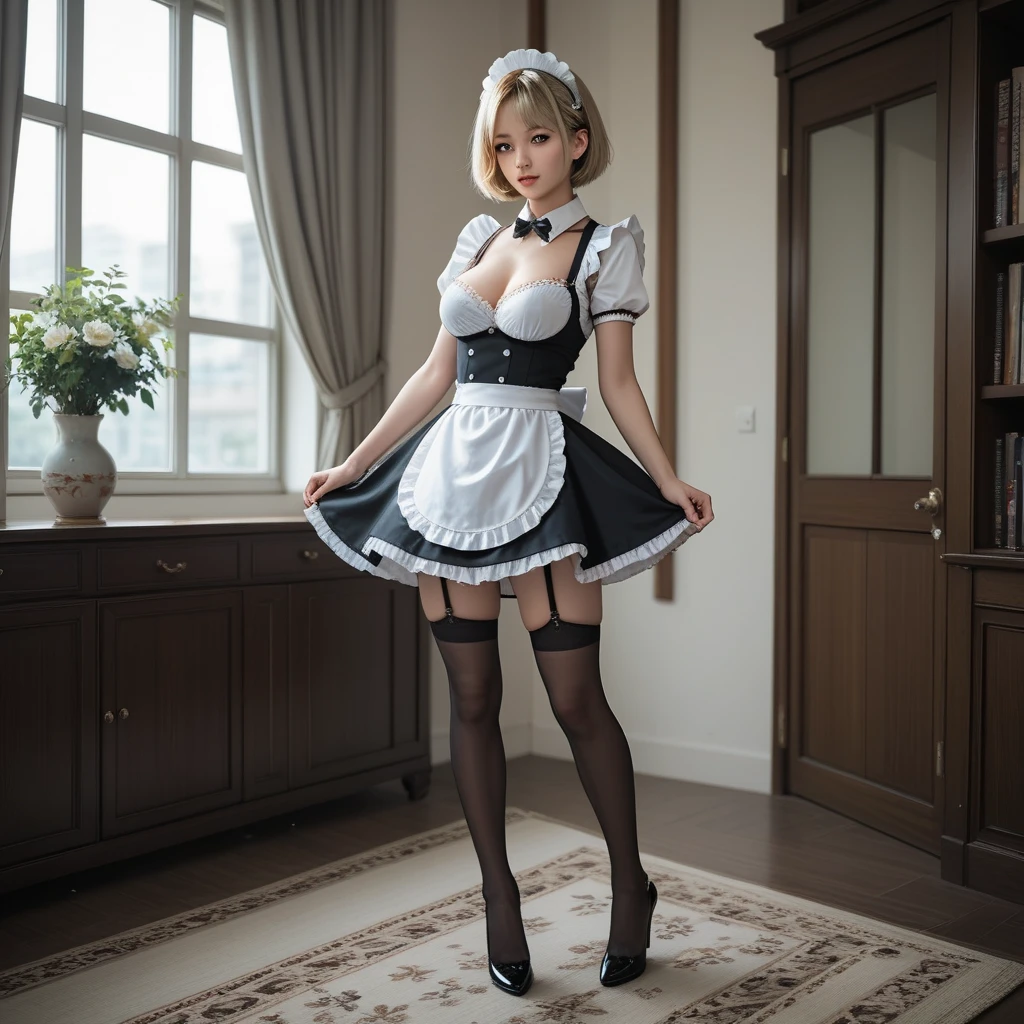 (((Full and soft breasts,)))(((Huge breasts))) (((Cleavage))) (Perfect curvy figure),(masterpiece, best quality), 1 Girl, Light Blonde Side-Parted Curly Bob, Bust Sizes M to Z,   Maid headdress, maid outfit, Black gloves, Black over-the-knee stockings, High heel