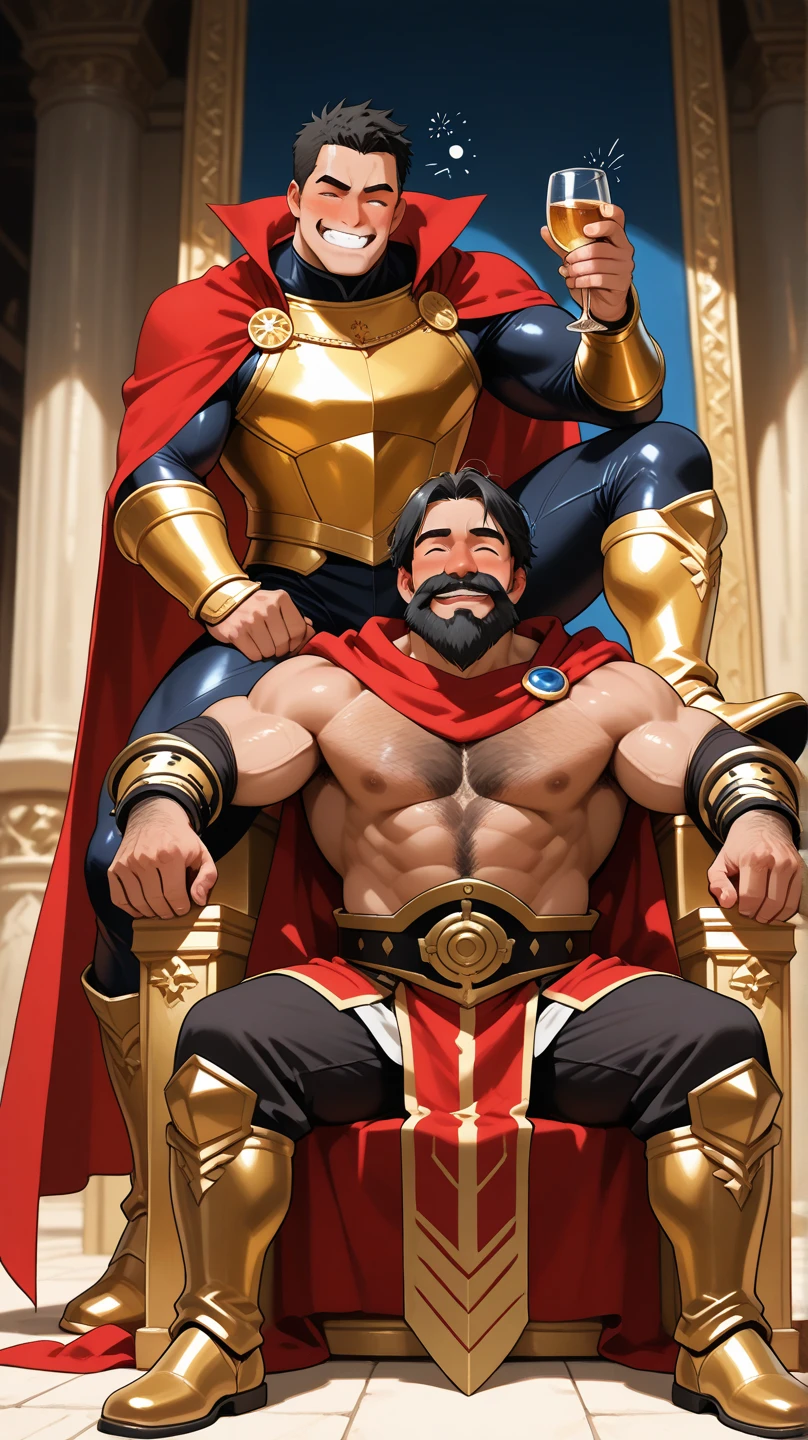 A sexy king sitting on a throne, crown,gold jewellery, penis ,he is getting fucked by his knight,gay anal sex