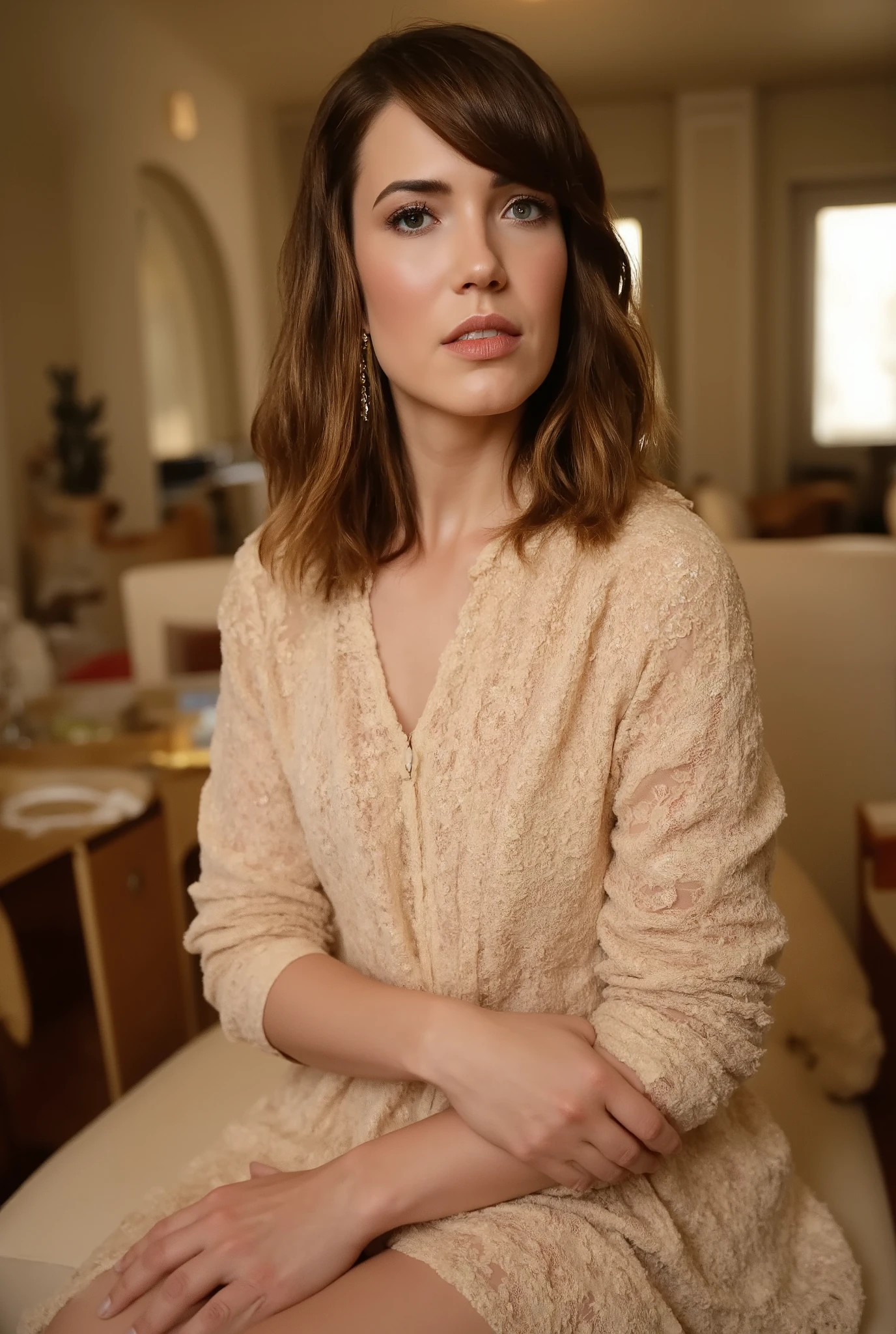 hyperrealistic photo (((from the side,low angle))) of a 22 year old,CHI,(Cypriot and Scottish),pale skin woman wearing size 6B loose Shift dress, ballet flats, pendant necklace. at Cozy fireplace nook,Walking with hands in pockets,pleased,Chestnut hair color,Lowlights,French braid with cascading curls, ((skin dention:1),(freckles:0.3),(skin pores:0.5),(expression lines:0.2),(acne:0.1),(skin imperfections:0.1),(wrinkles:0.2),healthy skin,matte skin,(perfect face:1),(realistic face and eyes:1),(extremely detailed glossy eyes:1),(detailed body)),foreground lighting,Hasselblad X1D II 50C,(8k, RAW photo, best quality, masterpiece),realistic dull skin noise, visible skin detail, skin fuzz, dry skin,hair,breasts,hips,legs ,<lora:polyhedron_all_sdxl-000004:0.2> skin <lora:PerfectEyesXL:0.2> perfecteyes <lora:add-detail-xl:1> portrait, misc,<lora:LPFRECKLES_lora:0.2>,(cleavage) in the style of Berenice Abbott
