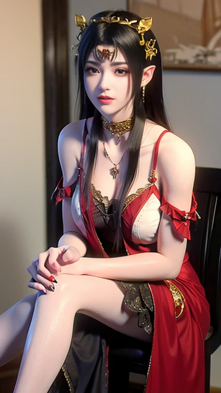 8K, UHD, MAsterpiece, best quality, 1 girl, (realistic face), happy pace, very long hair, hug breasts, decorated dress, very beautiful ornaments dress, red color, ((lace)), mesh dress, mesh cape flowing, sardine, loops, ((ornaments)), legendary night balcony, depth of field, cinematic lighting, chromatic aberration, motion blur, glowing light, god rays, ray tracing, reflection light, backlighting, sitting on the chair,