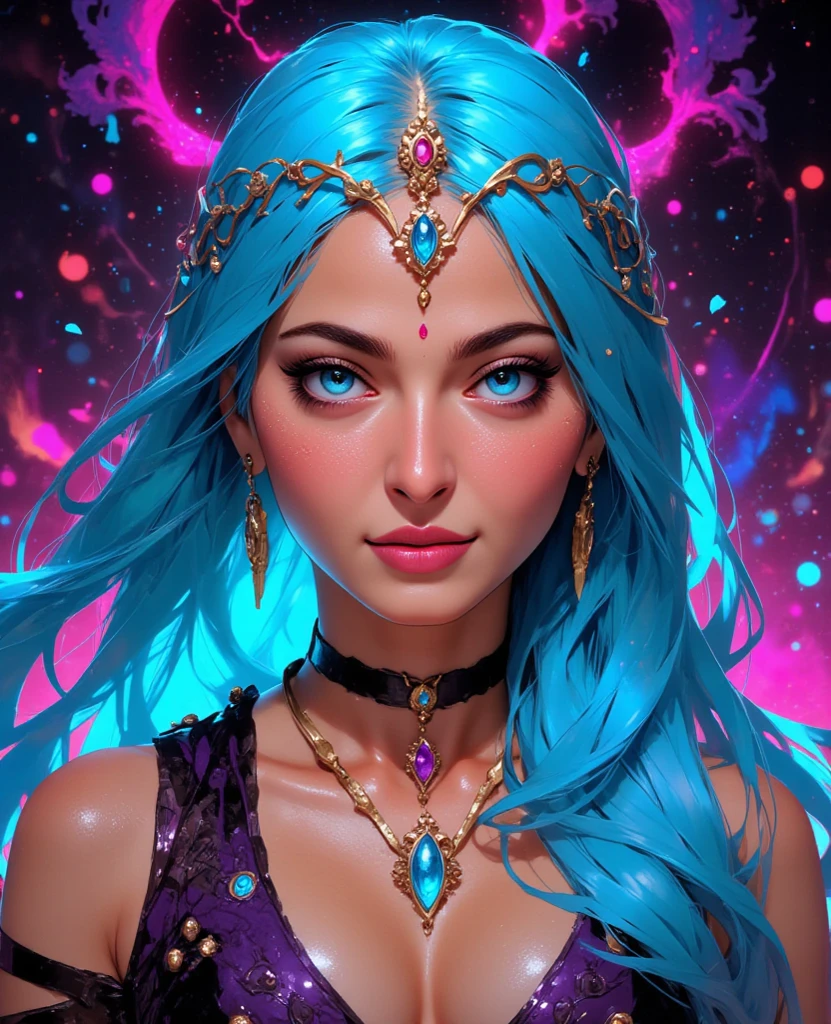 Full color, motley, Gorgeous vamp woman, A bold look, a gold, Pink, Yellow, mint, Crimson, blau, lilac, Gradient hair, long wavy hair, full dark red lips, smoky, Desirable, crystal, delightful, Gorgeous eyes, impassioned, Gentle, Seductive pose, Desirable eyes, suntan, Chocolate body, mother-of-pearl body, tanned skin of the body, Languid look, sexy body, Sexy look, rot, blau, violet, Neon, Chrome-plated chains with torn body, Choker, pout, spit take, Surrealism, Minimalism, Romanticism, Ghibli-like colours, chiaroscuro, cinematic lighting, bloom, first-person view, UHD, masterpiece, ccurate, anatomically correct, textured skin, award winning, best quality, 8k
