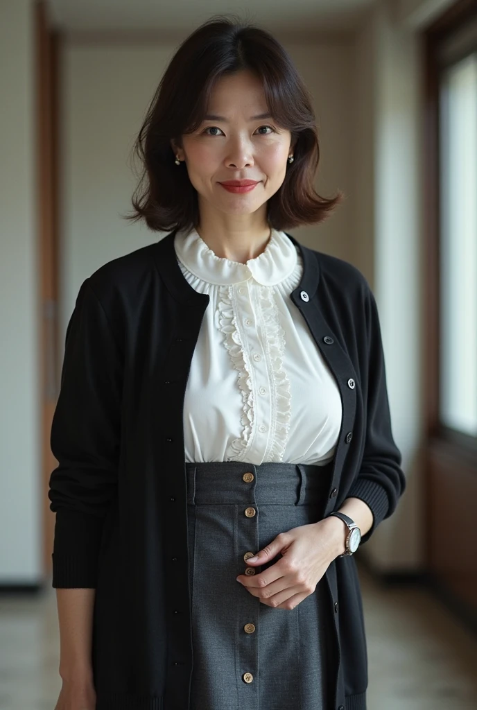 Highest quality、masterpiece、8k、Very detailed、Realistic、(One mature woman)、(Looking at me with a smile:1.5)、whole body、Black Hair、Small face、(Slender:1.2)、(Big Breasts:1.2)、(White business shirt with buttons and a collar:1.2)、(short tight skirt in gray,:1.2)、(Grey business jacket:1.2)