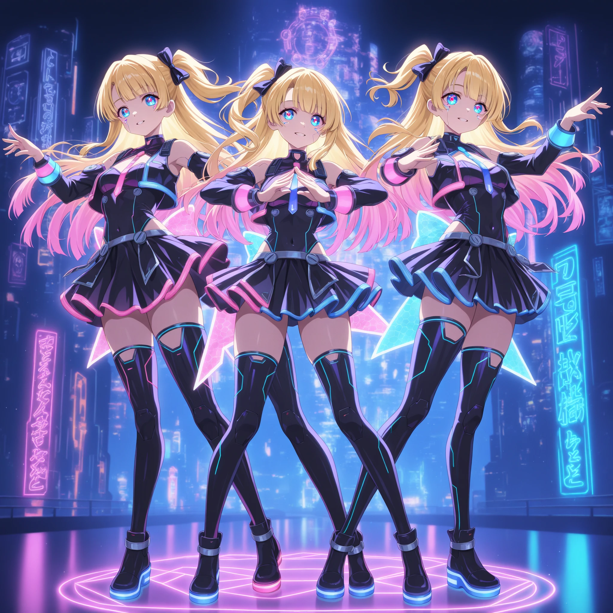 (masterpiece), (best quality), (high res) Solo, (perfect anatomy young girl (10 years old), tanned skin, light blonde hair (shoulder length), green eyes, (skin tight idol outfit), (blue high heels boots), (shirt), (super tight mini skirt), smiling, flat chest in a futuristic stage setting with a green light, cyberpunk, cyber suit, best anime 4k, cybersuits, singing to a big crowd of people, dog collar, pink lipstick