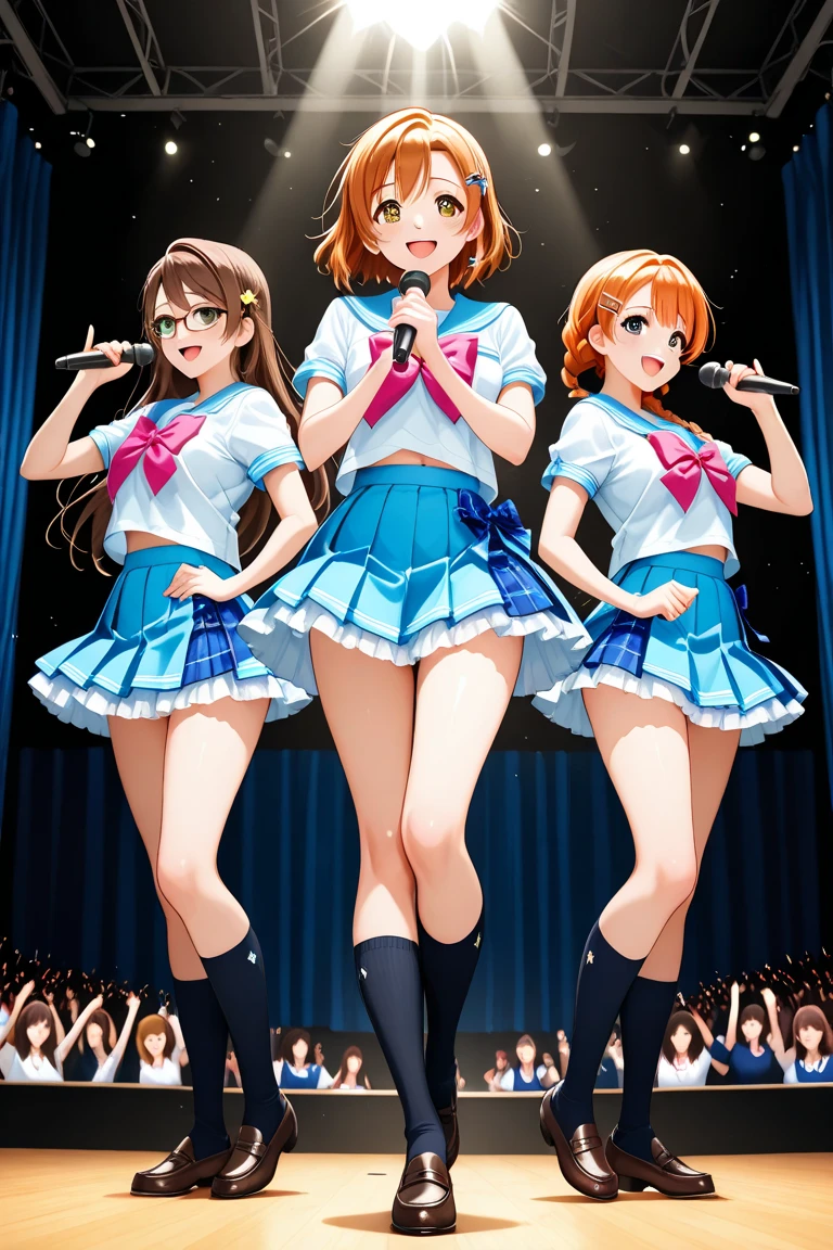 48 women, beautiful Japanese idol, happy, smile, flaffy idol costume, singing, dancing, on stage, colorful lighting,, jumping