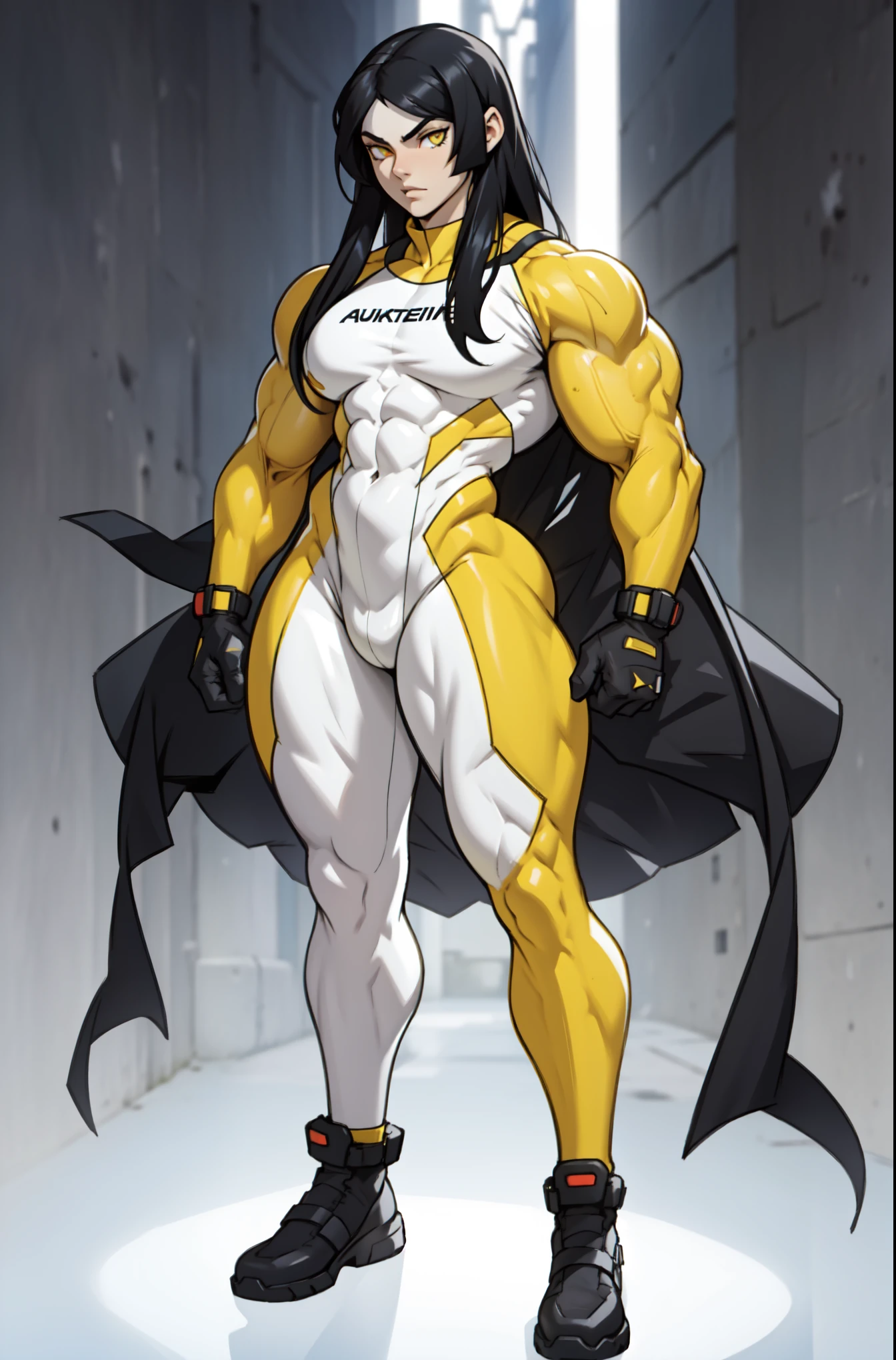 (very long hair), ((grey background)), (((((1 girl))))), black hair, yellow eyes, ((((((muscular)))))), tall, pale skin, (full body), bodysuit, (solo), curvy, wide hips, thick thighs, small breasts