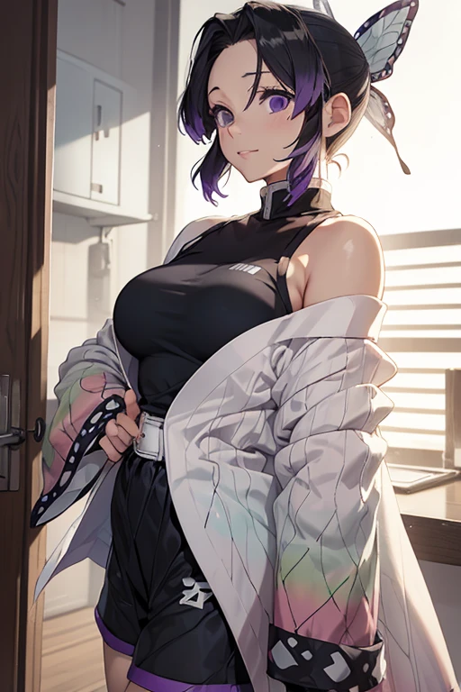 Adult woman, short purple hair with white strands, Fox ears, violet eyes, Chinese Battle Dress, neckline on the chest, open belly, tight pants, Fox tails, angry, Masterpiece, hiquality