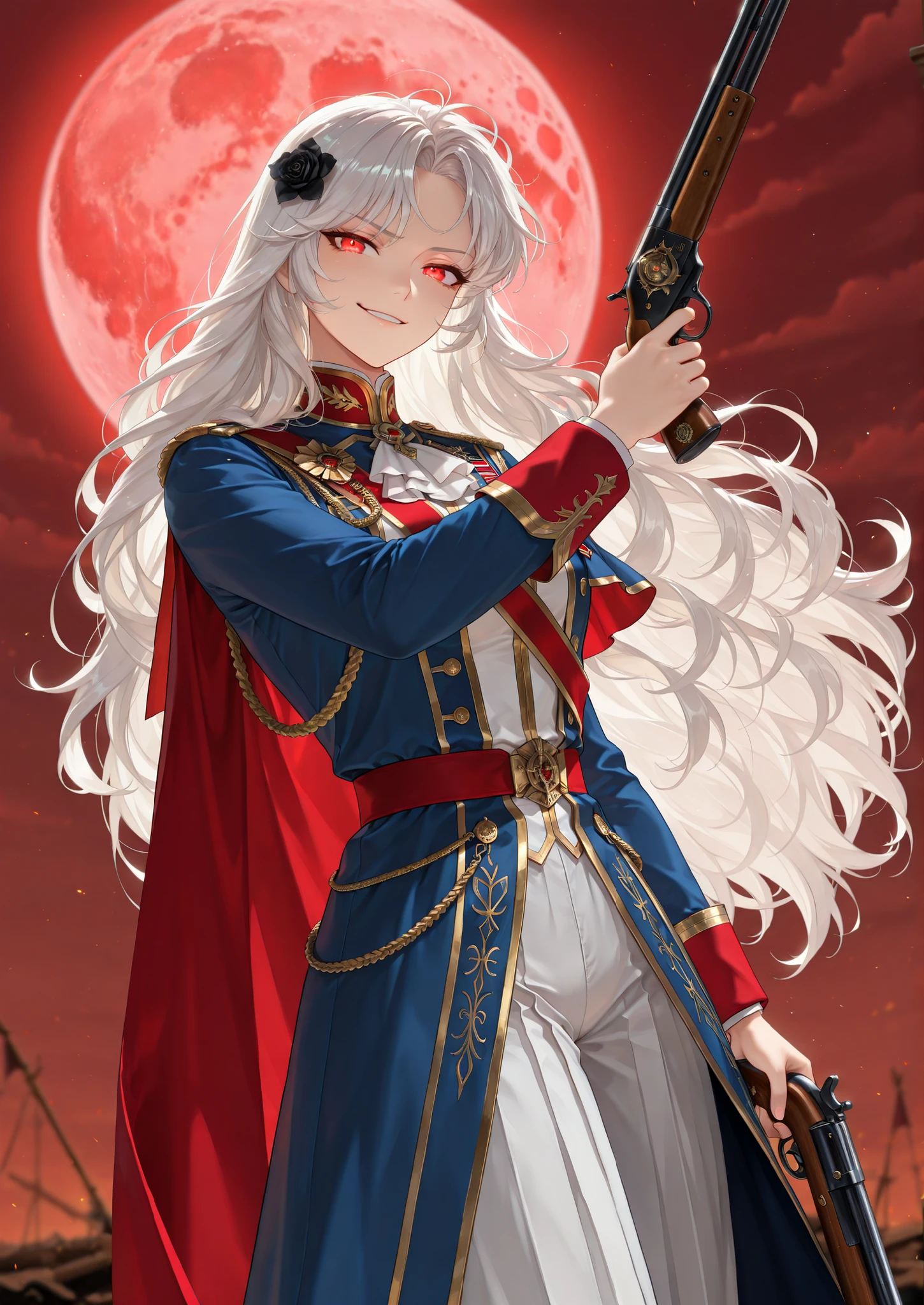 (in the style of a Solo Max Level Newbie:0.63), god rays, vivid colours, light stream, manhwa girl, detailed texture, masterpiece, masterpiece, best quality, amazing quality, very aesthetic, high resolution, ultra-detailed, absurdres, (hands:-0.15), dramatic lighting, french girl, european aesthetic,
(1girl, beautiful, lady, young, solo, female:1.25),(dynamic pose, close_up shot:1.01), white hair, messy hair, very long hair, wild hair, ruffled hair, red eyes, glowing eyes, capelet, Assassin's Creed, (white dress:0.42), french royalty, flower ornaments, black flowers, blood moon, red moon, white royal uniform, golden trim, red crest, formalwear, officer's uniform, honor guard, diagonal cape (smirk, relaxed, war, bloodlust, arrogance:1.24), wielding lever action shotgun, SAIGA shotgun
BREAK, depth of field, volumetric lighting