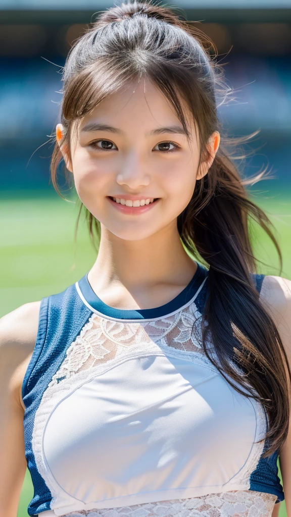 (((Highest quality))) ((masterpiece)) ((Real beautiful girl)) 12 Talented Girls (Cute face) clear ((Baby Face)) Appearance like an idol Mini spats Sports bra Slim figure Arena smile Creating Bangs