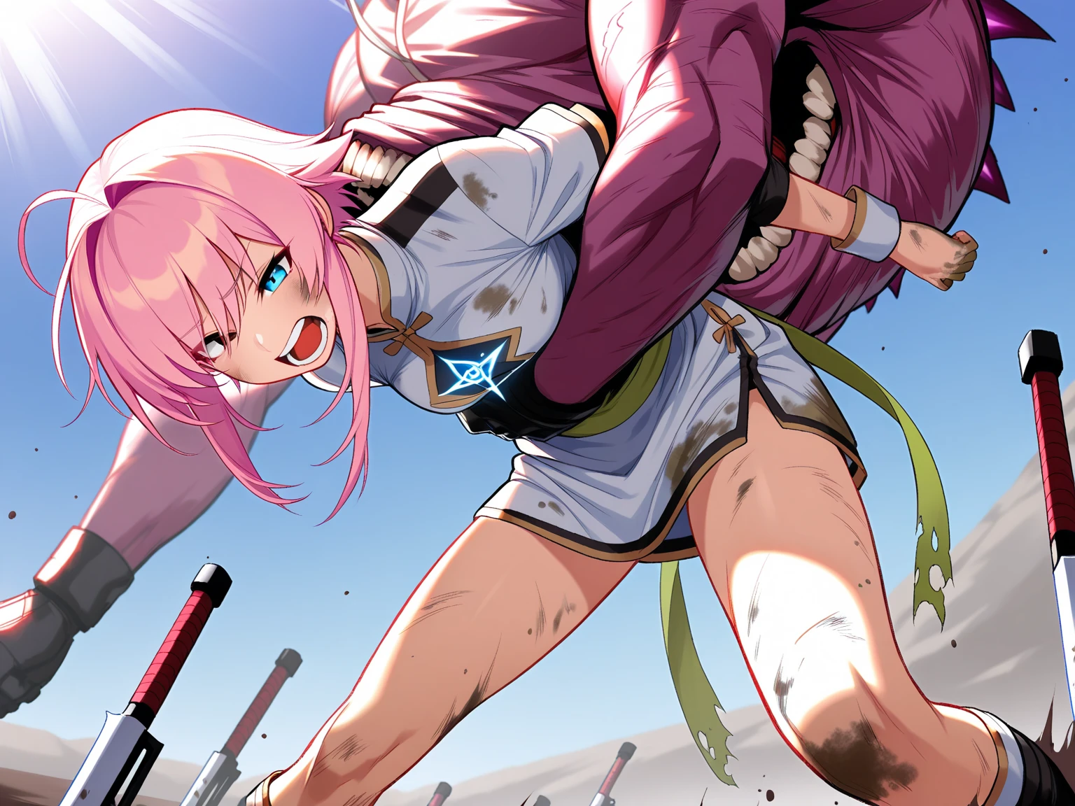 Pink-haired girl wearing a white dress
