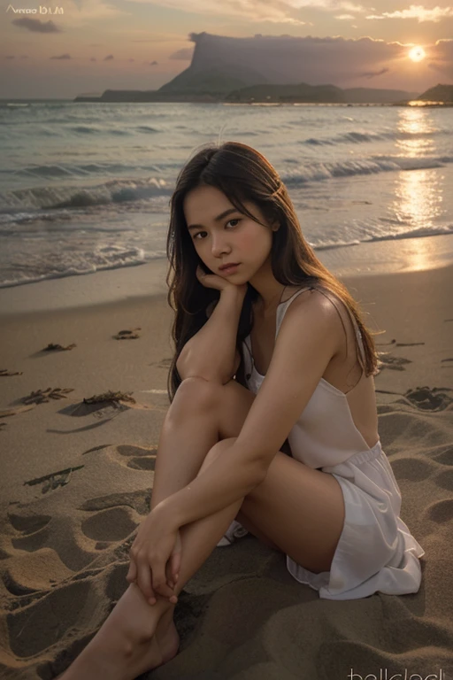 ((best quality)), ((masterpiece)), (detailed), Photorealistic, detailed face, woman fit body, big , yuni shara look alike wearing hot pants and wet white tshirt, sitting on the sand on the beach straddling, taken from the bottom front