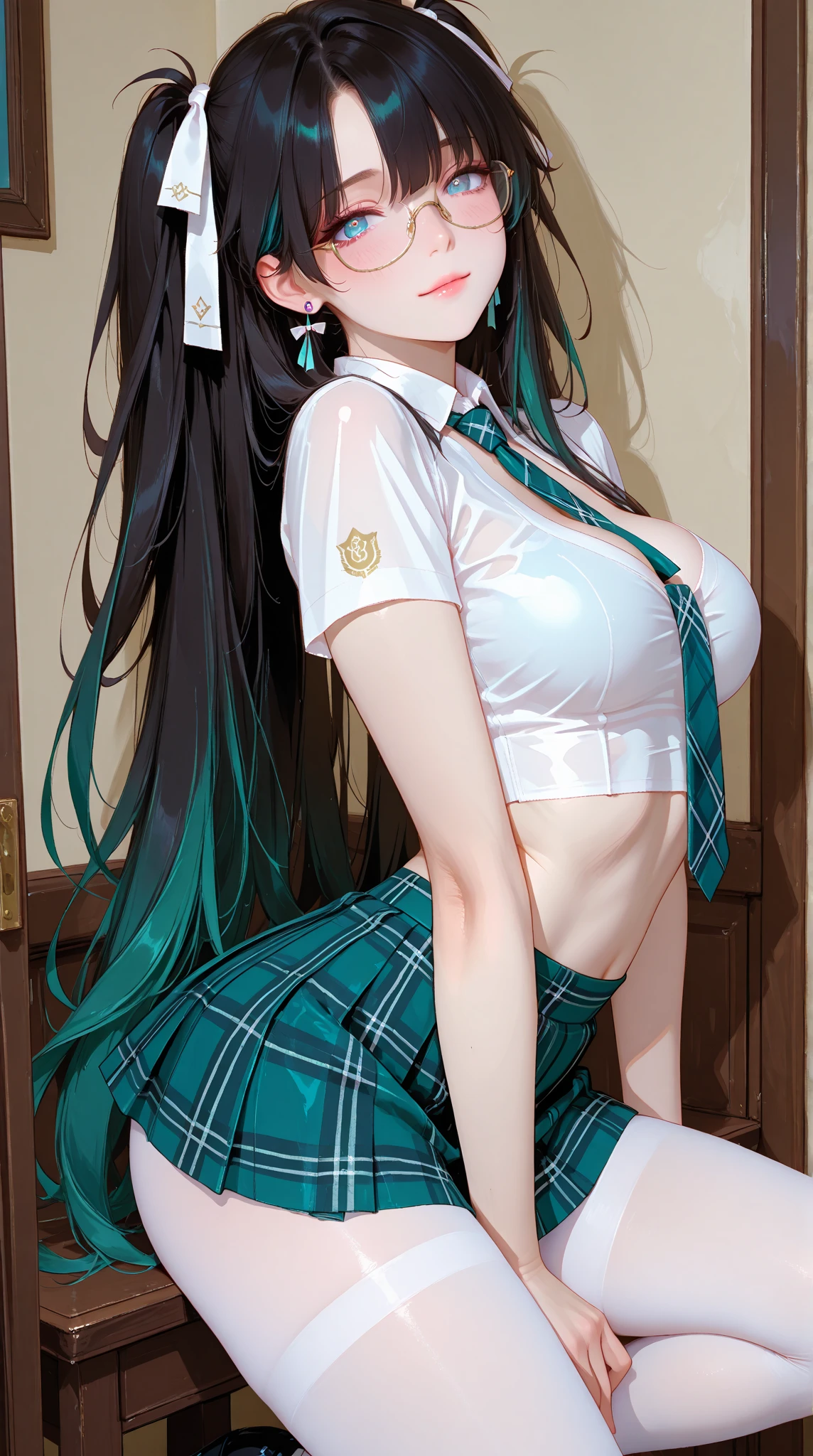 High school girl, chest, medium breasts, long black hair untied, long black hair, twisted eyes, long eyelashes, nice and cute big breasts, white underwear and long greenskirt rolled up, sexy pose emphasizing big breasts, sexy pose, big , thighs, anime style, beautiful  , surreal , surreal , mesmerizing anime girl, realistic , big  emphasized, naughty anime style, naughty thighs, naughty sexy thighs, smooth anime cg art, surreal school girl,  girl, realistic school girl, smooth real image, Myanmar girl, beautiful Myanmar school girl, beautiful  girl, Beautiful charming anime teen girl, ecchi anime style, photorealistic rendering of anime girl,