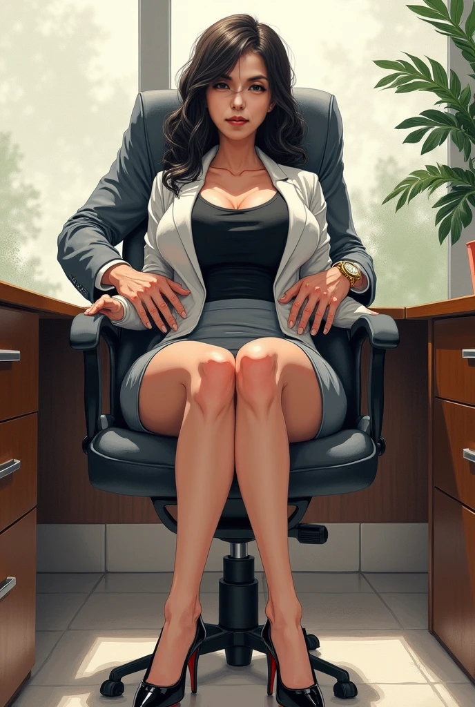 score_9, score_8_up, score_7_up, score_6_up, adult beautiful woman, (chiaroscuro lighting) source_cartoon, f3rn4nd0, (line art) ,
1female, heavy make-up,
(Veronica Lake) , platinum hair, ,(long hair), (peek-a-boo hair), (hair over one eye) ,
,large breasts,
petite thin female, (white blouse) , (grey-shorts), cameltoe, ((cleavage)), (decolletage), submissive ,
,
sitting in chair, back office, job interview,
(1male),
coerced , large black cock, imminent oral, (ugly African male),,