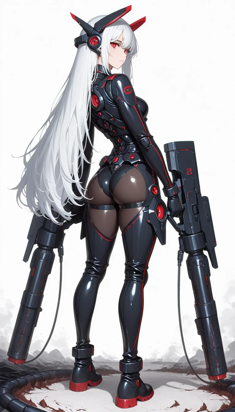 best quality,masterpiece,girl with a powered exoskeleton,sf,outdoor,extremely long hair,spreading hair,ivory hair,wet,1 girl,hair strand,Fair skin,blunt bangs,look down on,standing up