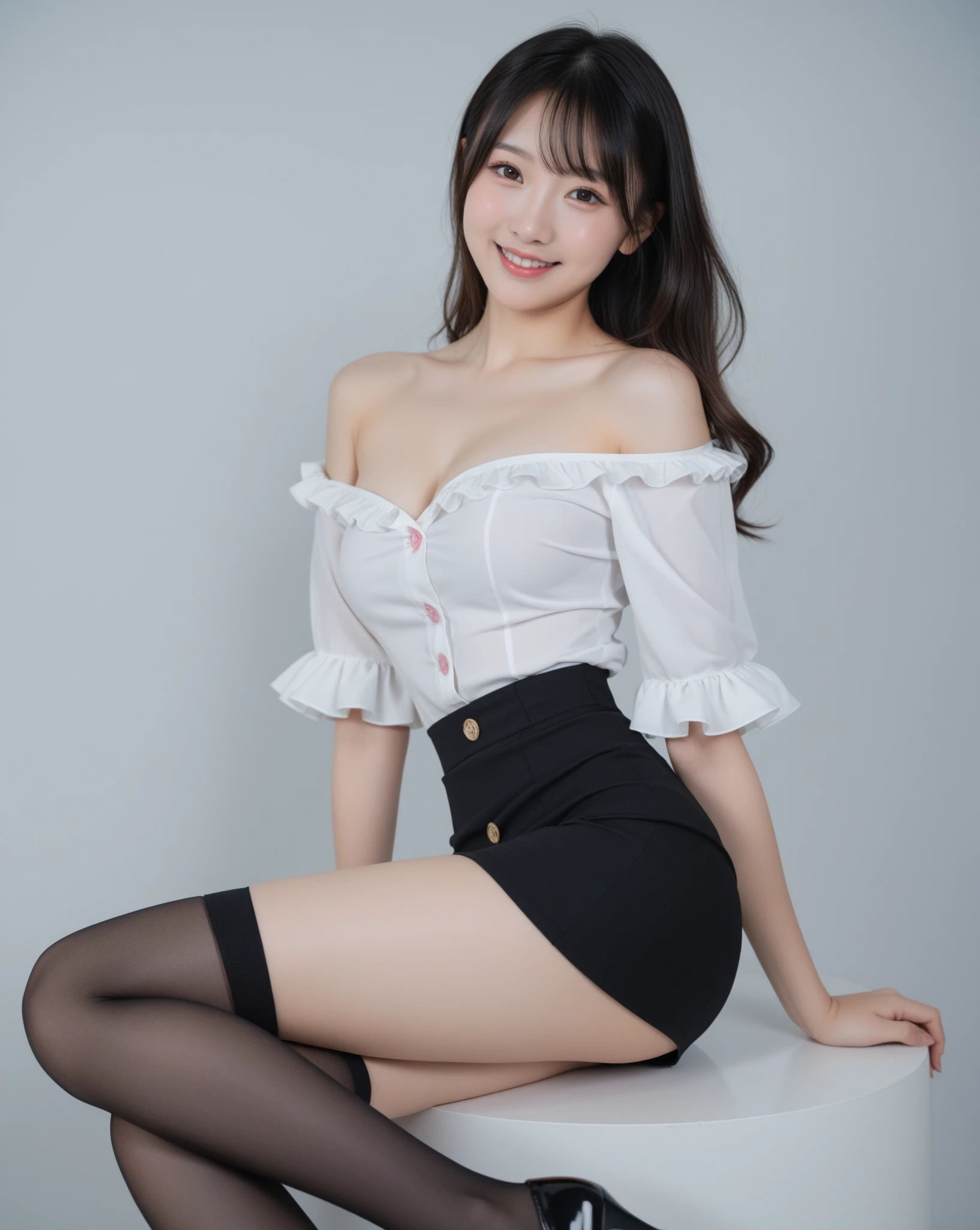 a lot of details, (underweight), 30 years old, detailed black hair, beautiful detailed hair, super fucking beautiful, delicate beautiful face, complex details beautiful and delicate eyes, perfect hands, (flat chest best quality:1.5), perfect and delicate limbs, detailed skin, best quality, ultra-detailed,(cheerful grin:1.5),
(full body:1.2), View from below, thick thighs, (crossed legs:1.2), detailed long hair, beer mug, gray business suit, gray skirt, whiteshirt, white panties, Panties are visible:1.2,Izakaya