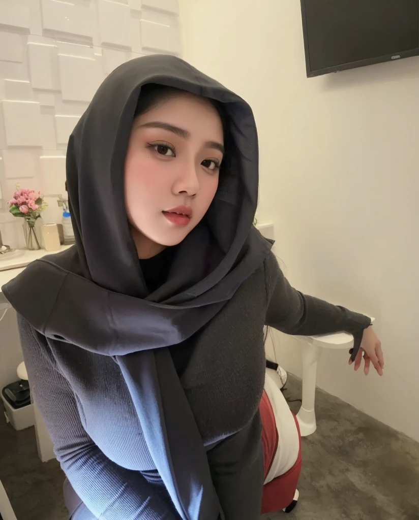 RAW photo of a 24 year old girl wearing hijab, satin abaya sexy sea foam , satin, hijab face portrait,((tp background)), 8k uhd, dslr, soft lighting, high quality, film grain, Fujifilm XT3, covered dress, patterned dress, gigantic breasts:1.5