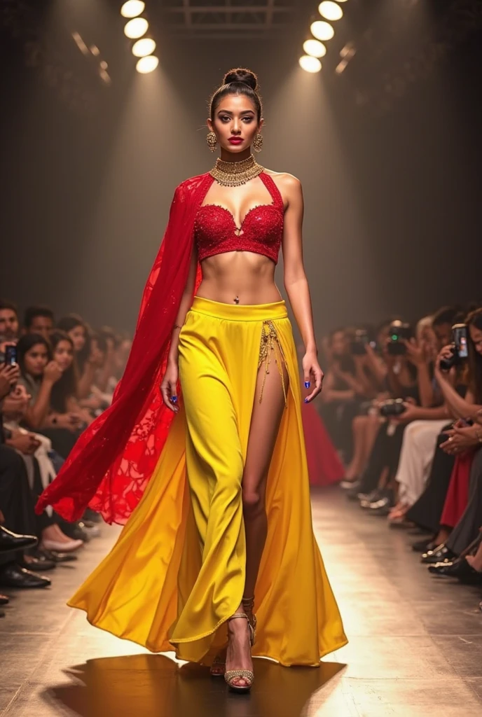 desimocha, photo of a pretty 25yo woman, wearing ethnic ((sari)),   ((full body)), walking on fashion ramp, detailed skin, ((fashion show)), high depth of field, 4k, unreal engine <lora:desicoffee:1>