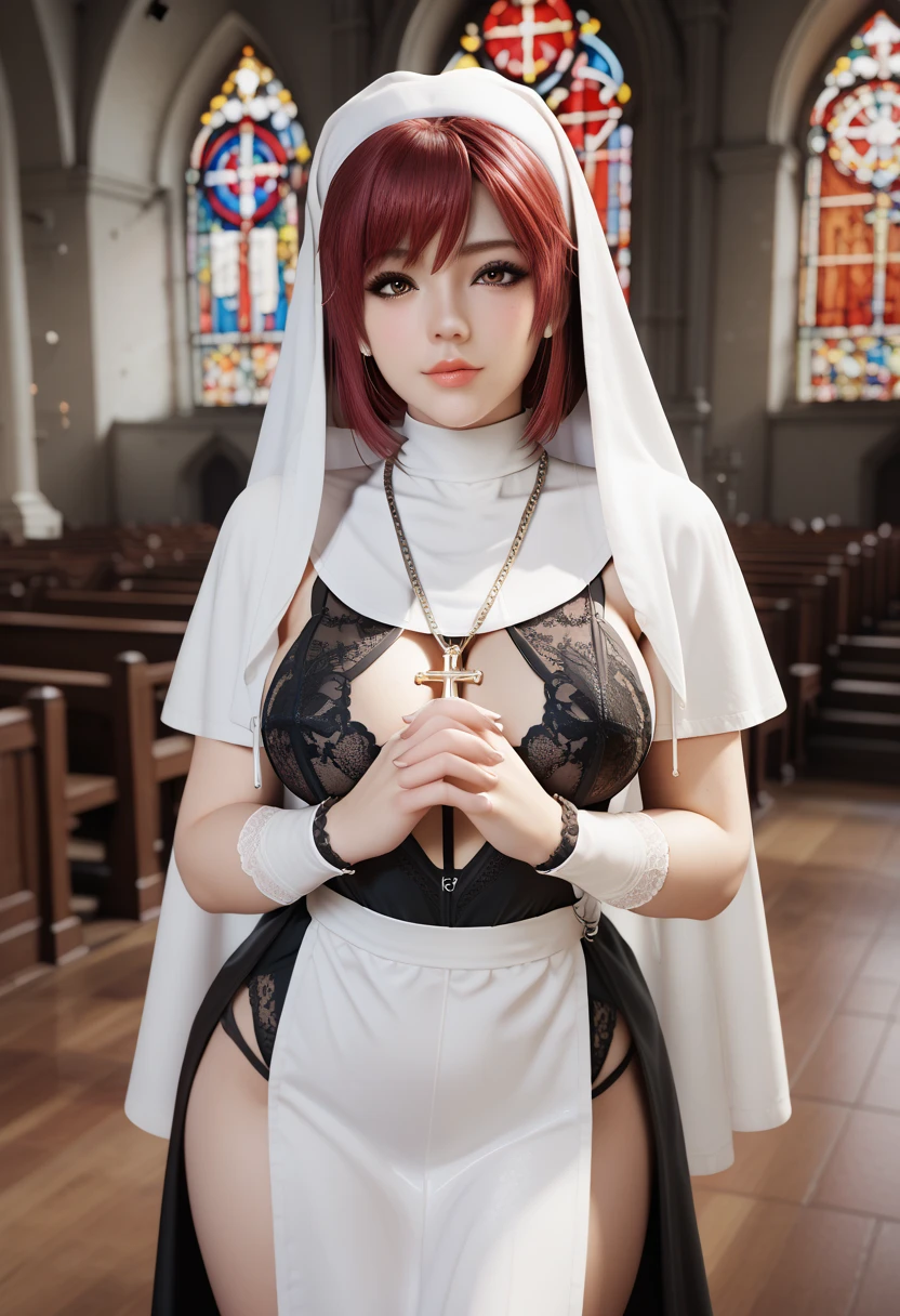 (RAW photo:1.2), ((photorealistic:1.4),(masterpiece:1.3),(best quality:1.4),ultra high res,(detailed facial features),(detailed body features),HDR,8k resolution, 1 girl, blush, light pink hair, 8k, ultra high details, perfect nose, blush, church background, wedding, fucking pussy, riding penis, nsfw, short hair , nude, woman on top, perfect tits