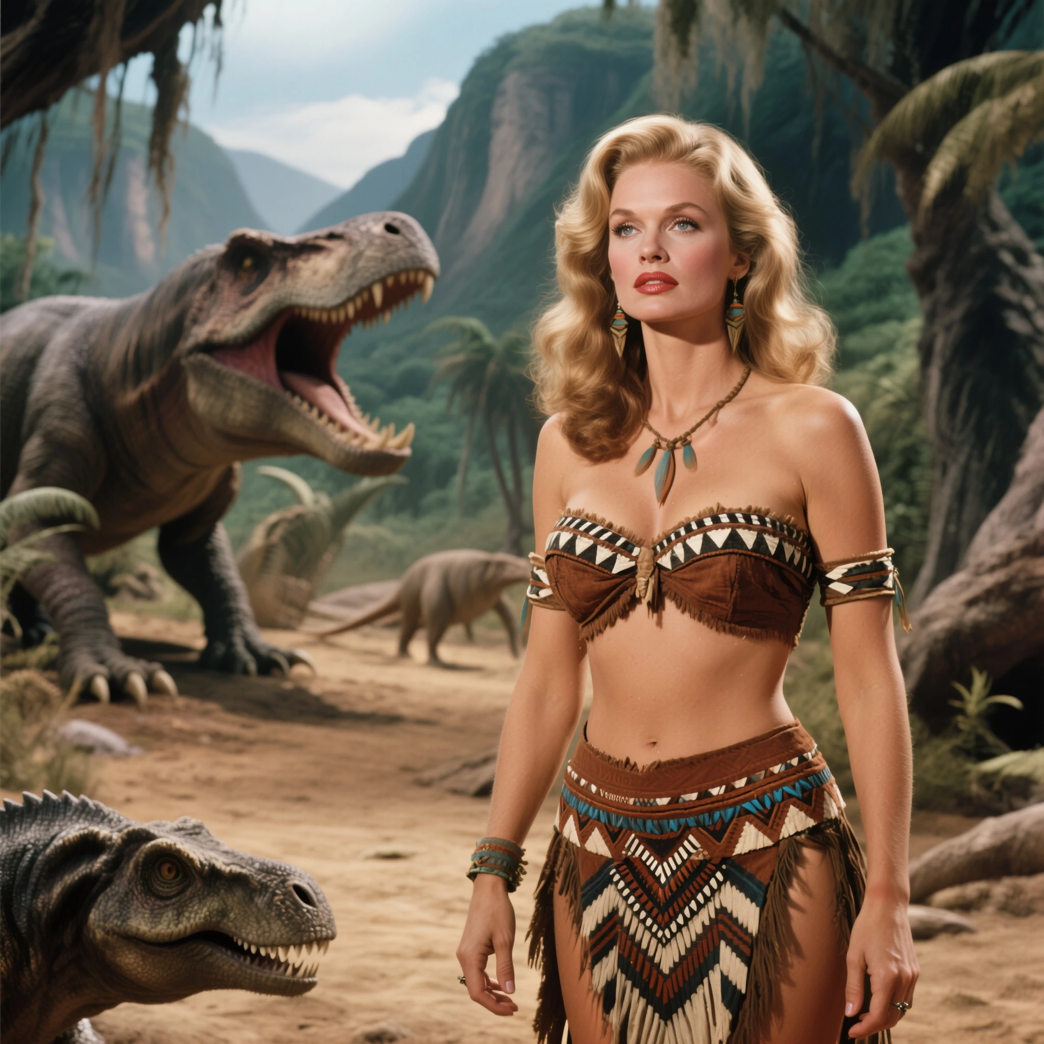 a beautiful young woman (gates mcfadden, age 30) wearing an explorer themed bikini, bathing in a pool under a waterfall, suddenly attacked by a fearsome dinosaur monster, intense deadly struggle, highly detailed, photorealistic, 8k, dramatic lighting, cinematic composition, lush tropical environment, vivid colors, dynamic action, incredible realism