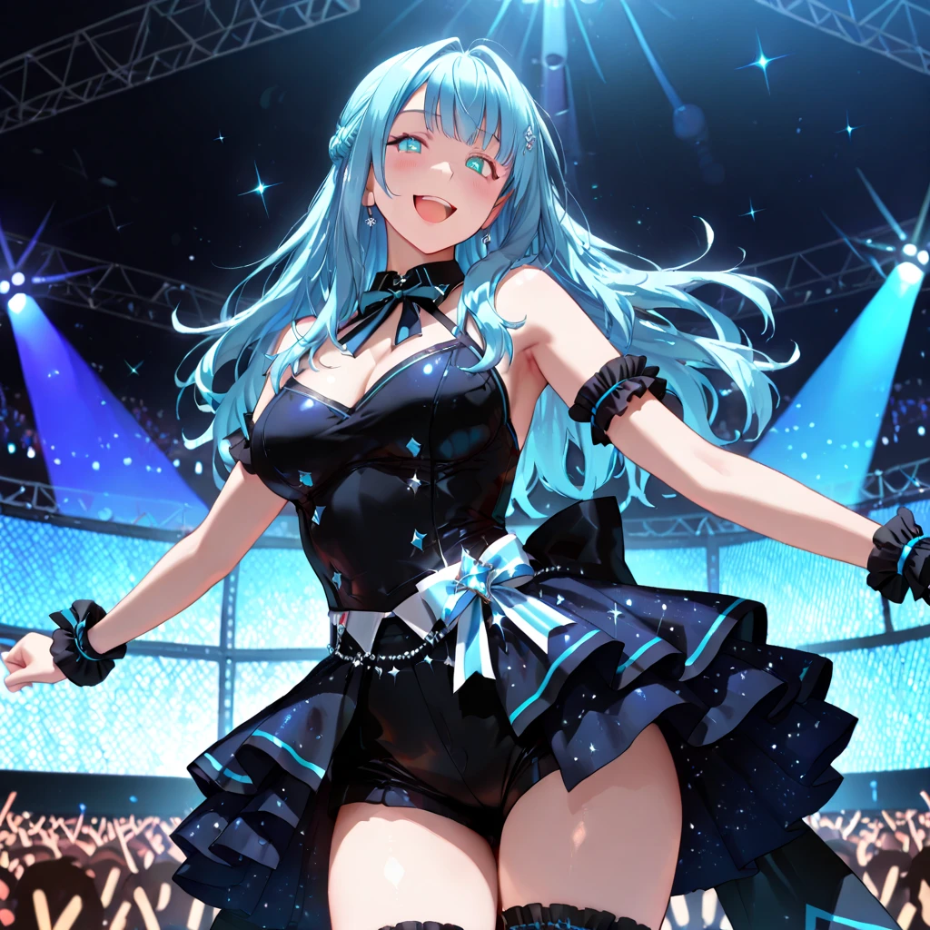 (((Best Quality)))), ((Ultra Detailed))), (((Masterpiece)))) Illustration, Music, Singing, Female, Blue Hair, Loving Pupils, Confidence, Stage Costume, Microphone, Standing, Glamorous, Victory, Spotlight, Concert, Stadium.