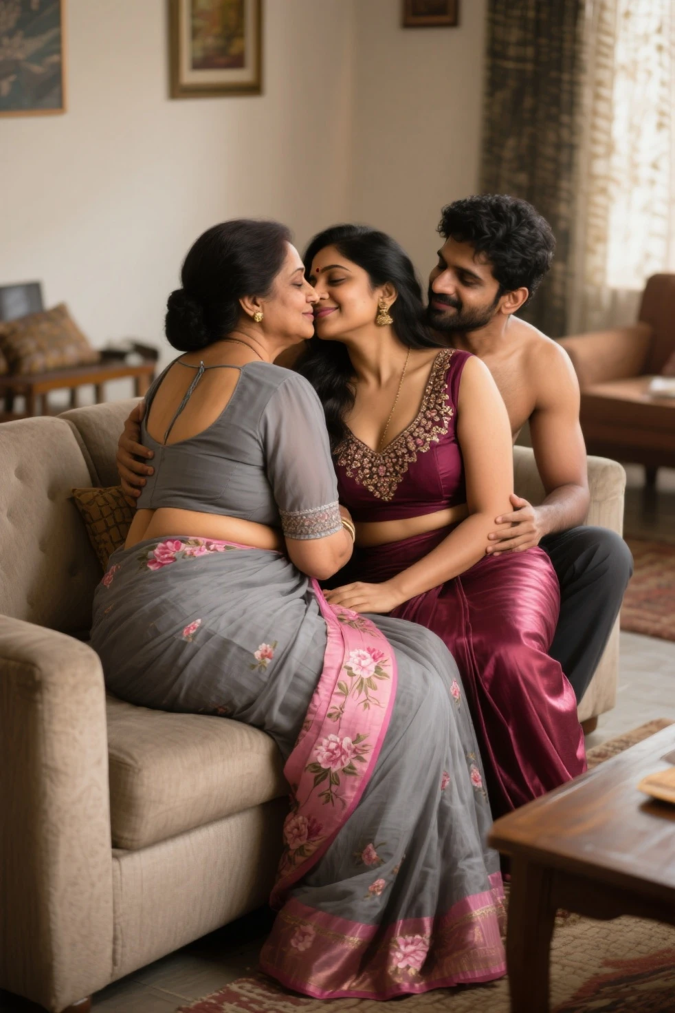 A radiant, full-figured South Indian 45-year-old aunty wearing a rose flower printed blue chiffon saree and blouse, tenderly hugging and kissing a jubilant group of 25-year-old men in living room, captured in a full-body image with vibrant hues and meticulous details.