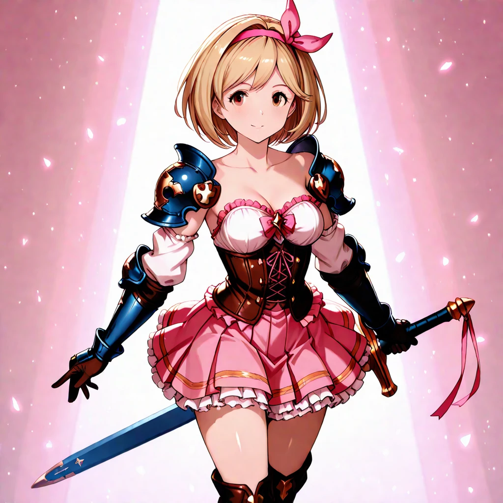 (masterpiece, best quality:1.4), (((insanely detailed official art))), ((awesome detailed)), [hyper detailed], [ultra detailed],cowboy shot, (sharp eyeliner, eyeshadow, detailed eyes:1.1), solo, 1girl, djeeta \(granblue fantasy\),blonde hair, brown eyes, smile, looking at viewer, pink hairband, djeetadef, thigh boots, collarbones, gauntlets, armor, (full body: 1.5),  <lora:granblue_djeeta-10:1>