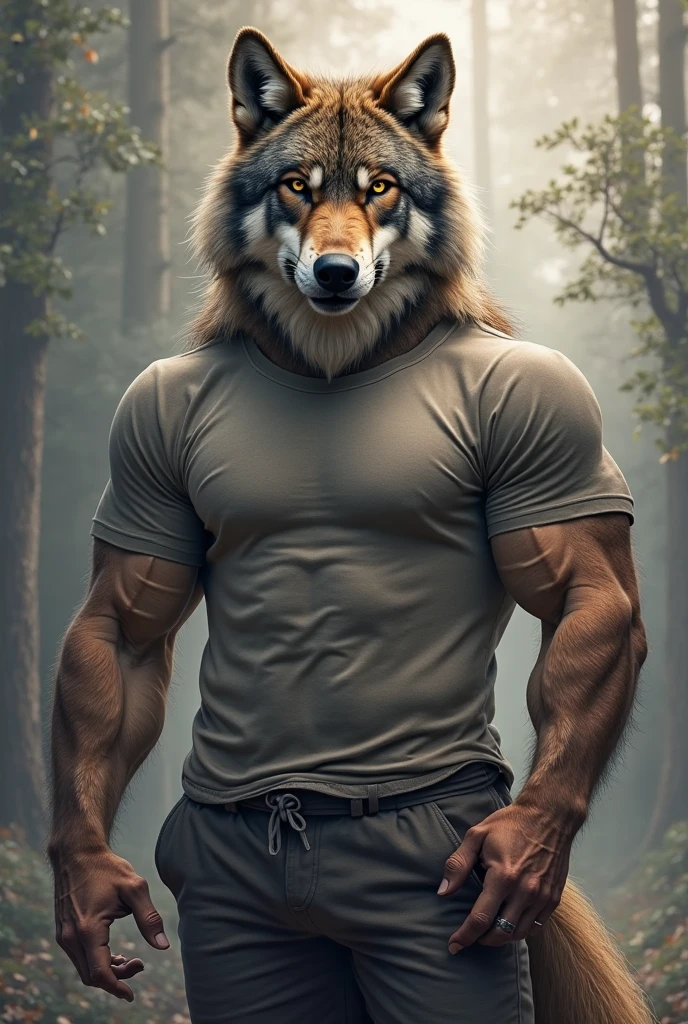 Muscular hairy wolf and sweaty adult (detailded), pose sexy, big dick, view from the bottom, now, transferring.