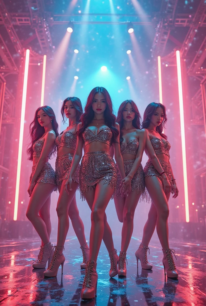 (photorealism:1.2), 4 idols de K-pop fazendo um show, com roupa preta