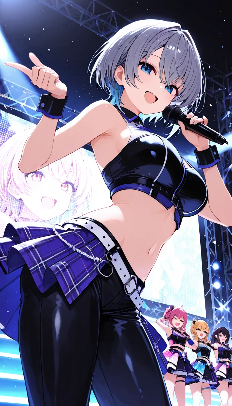(kinako_(shiratama_mochi) style, ((topless)), nsfw, masterpiece, 1 girl, solo, erect nipples, sweaty, wet body, hair ornaments, intricately detailed, navel, latex shorts, fishnet leggings, chain belt, multicolored hair, black hair, pink, live band, live perfornance, idol, live stage, spotlight, stage light, extremely detailed, bare breasts, puffy nipples, purple eyes, vtuber, bare stomach, sweaty, medium breasts, arm strap, cowboy shot, microphone, singing, open mouth, short hair, cg masterpiece, cowboy shot, smiling