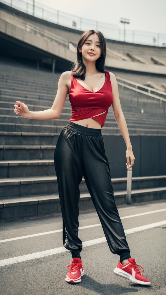 plan eloignée, real asian woman with big breasts,fitness body, red short pants, black crop top walking in a urban city, no blurring, ultra realstic background, ultra detailled background, real background