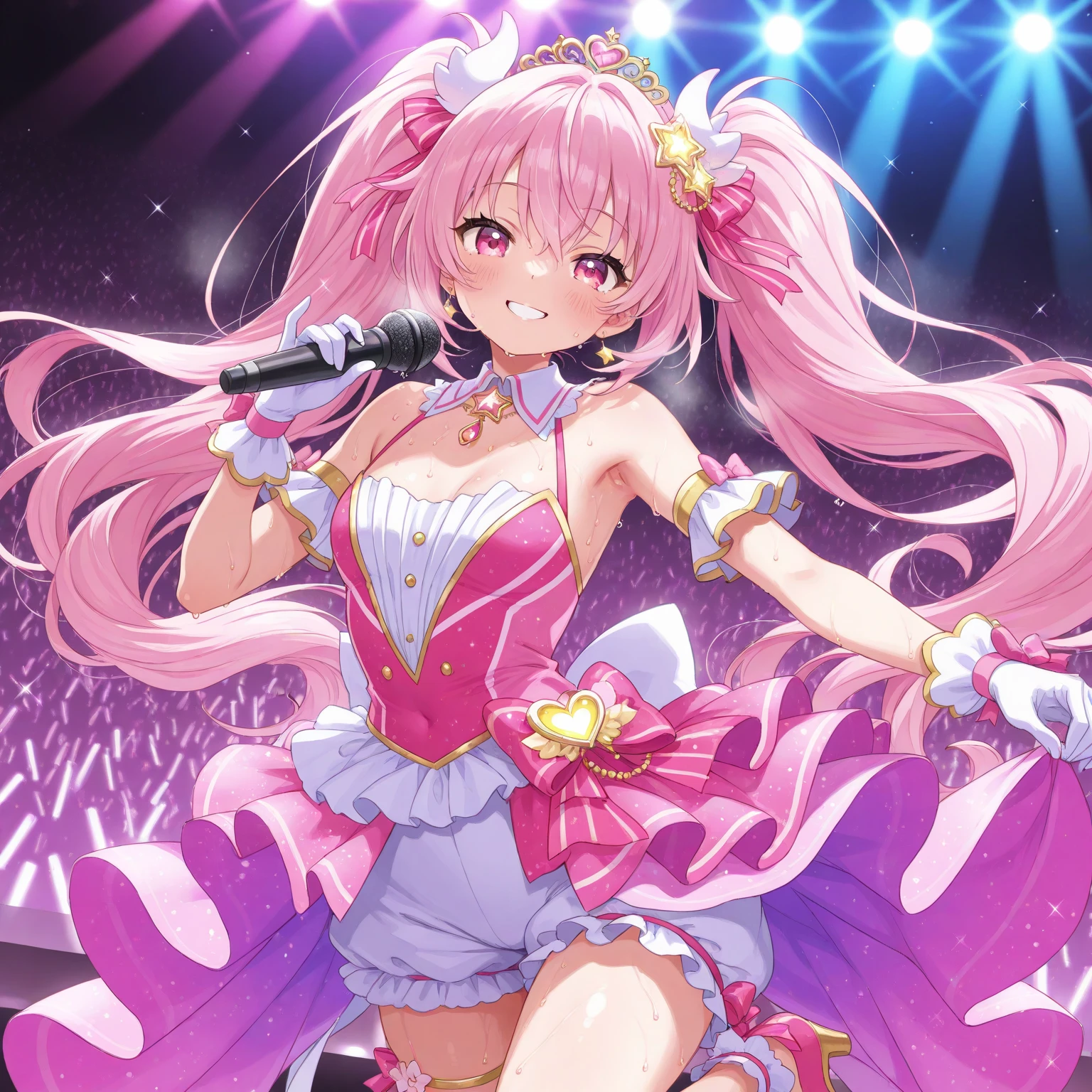 Dynamic angle, thick paint 4, perfect human hands, super perfect human fingers, upper body, 1 girl, smile, wolf ears, wolf tail, pink eyes, hair between eyes, ((((wink)))), D cup, cleavage, striped hair, (((((Colorful hair color: 1)))), Variegated hairstyle: 1, twin tails, ultra-detailed gradient hair, idol costume, professional designer, Ruffled dress, Love Live, Jewels, Backstage, Best Stage, Climax, Professional Stage, (((Holding the microphone with your left hand and singing emotionally, overflowing emotions, best smile))), Singer, Vocalist: 1, Idol, Diva, Professional stage, Professional lighting, Live lighting, Distracting, Fan Service: 1, (Satellite photo seen from the audience)))), (((Panchira, cute panties)))