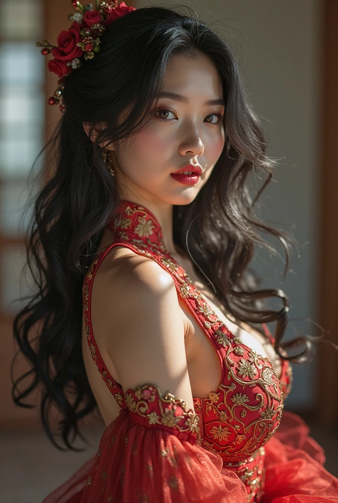 (realistic:1.3), Crazy details, quality, (Create a masterpiece:1.2), (ภาพrealistic:1.2), (qualityที่ดีที่สุด), (detailed skin:1.3), (complicated details), Ray tracing, ((full body picture)), ((1 woman)), (((1 person))), 18-20 years old, long hair, smile, red dress, patterned skirt, Contrast color between dress and skirt, skirt pattern, earring, necklace, Javanese jewelry, ((big breasts, beautiful breast, Breast augmentation, Beautiful breasts, small waist, small thighs, Long, slender legs)), ((slim body, Thin)), (blurred background)