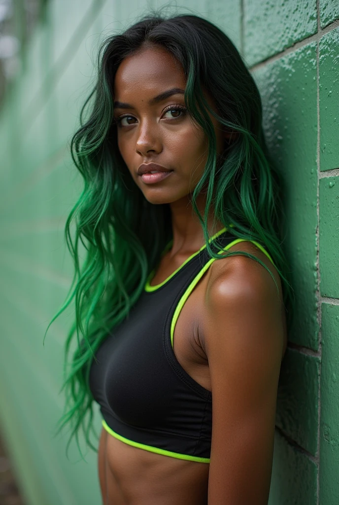Magnificent detail, 8K Photos, hyper-realism, professional light, realistic background, wide angle lens, whole body, beautiful ebony skinny fit filipino woman, long wavy green hair, super sexy model, dressed in black and green neon sport wear (running), Instagram photomodel who shoots for glossy magazines., 8k, extremely detailed, Fotorealistisch, komplizierte Details, realistische Hauttextur, realistische Haare, Textur, 8k uhd, Best quality, high resolution, Detailgenauigkeit, big , High-End ((running on the city road))