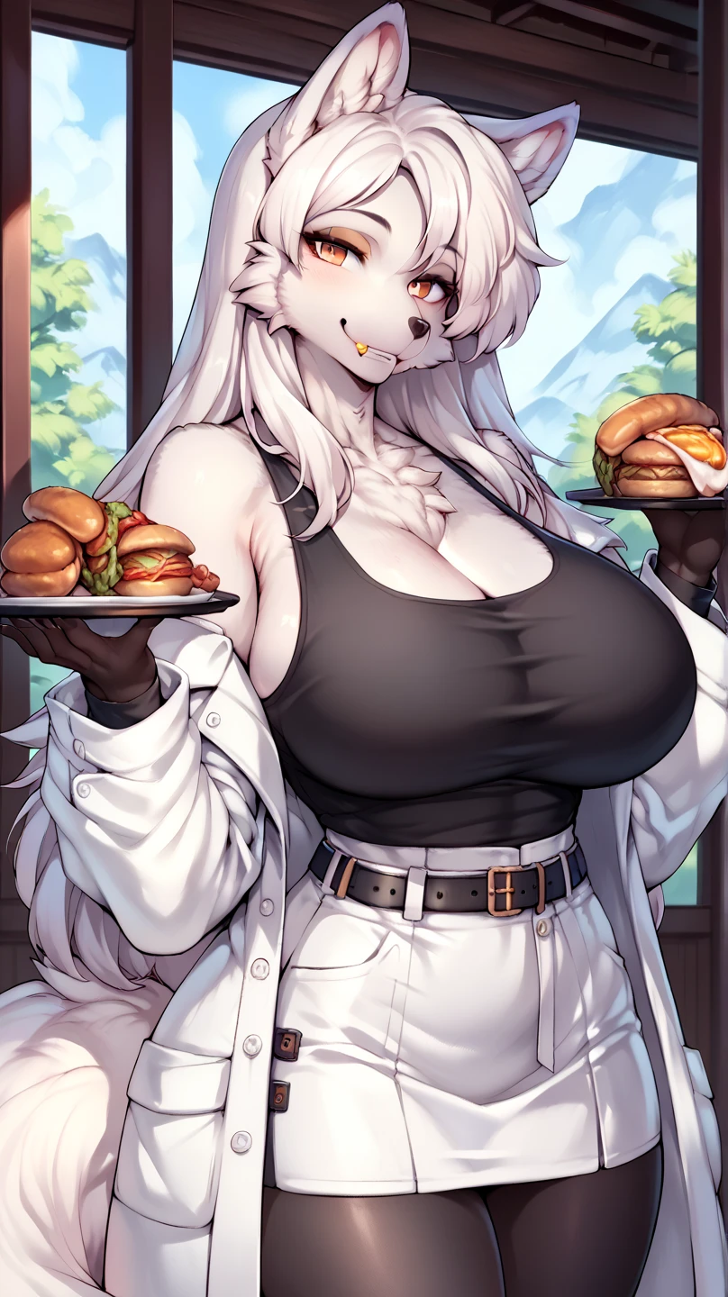 score_9, score_8_up, score_7_up, score_6_up, 1girl, cat girl waitress, busty, small waist, wide hips, cat ears, cat tail, waitress outfit, from front, pov, point of view, leaning forward, elbows on table, purring, cleavage, shelf, cheese store