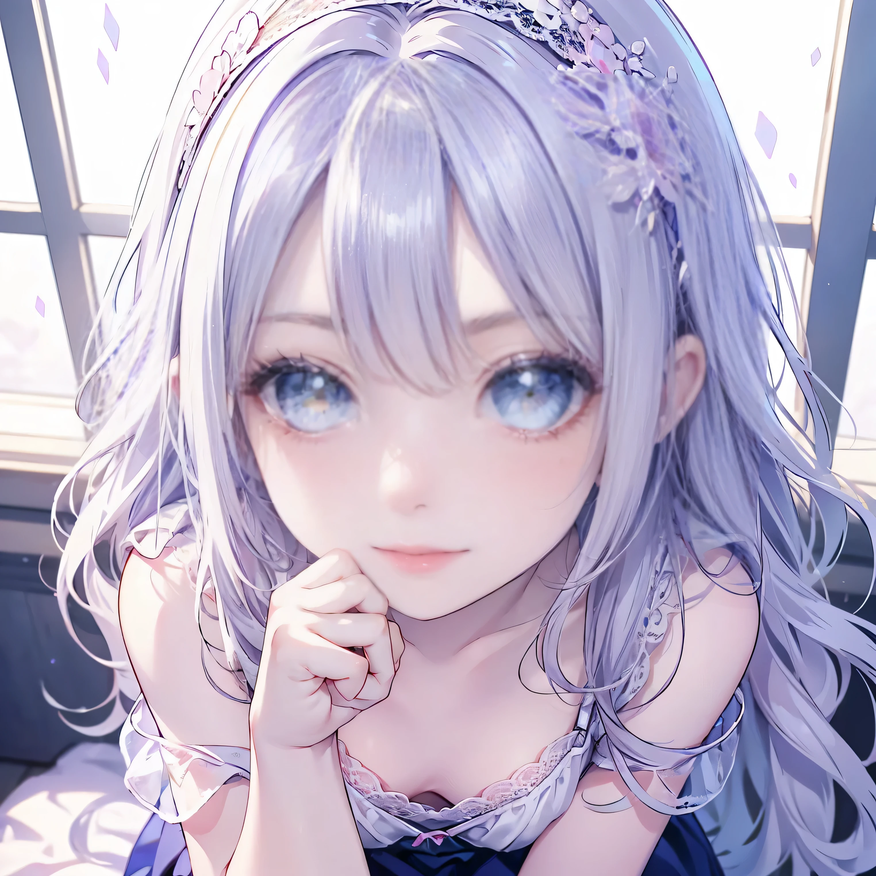((highest quality)), ((masterpiece)), (Get used to it), Perfect Face , masterpiece、highest quality、High resolution、High-quality images、8k, 1 female、Skin Radiance、Texture of skin and clothing、Expression of fine eyes、Shiny bright silver hair,Girl with long braided hair, Manga inspired by Lee Jong-suk, Trending on deviantart, realism, detailed manga style, Manga art style, Perfect Line Drawing, Beautiful line art, digital manga art girl, K-POPアイドル, beautiful light blue eyes, Lips become thicker, Gorgeous face with attention to detail, (Cute Smile), charm, Innocent, Side view, (Perfectly detailed face), (Beautiful Hands) Photorealistic images, Written boundary depth, 20th Generation ,beautiful girl , Babydoll Underwear , The roses have fallen , Lying in bed ,
