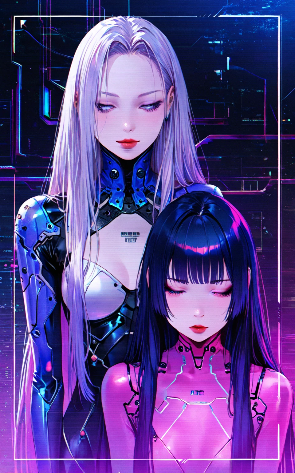 (((Masterpiece)))), (((highest quality)))), ((Ultra Definition)), (Very Detailed Photoreality), (((Very Delicate and Beautiful)), (Delicate and Pretty Face), Cinematic Light, (((1 Machine Girl)), Solo, Full Body, Big, Cleavage Is Visible Skin, White Hair, Purple Eyes, Luminous Eyes, (Mechanical Joint: 1.4), (Mechanical limbs)), (Blood vessels connected to tubes), (( Mechanical vertebrae attached to the back)), ((Cervical vertebrae of the machine) attached to the neck)), (((sitting)), expressionless, (wires and cables attached to the head and body: 1.5), (character focus), small LED lamps on the body, Evangelion, SF, metallic body, detailed neon