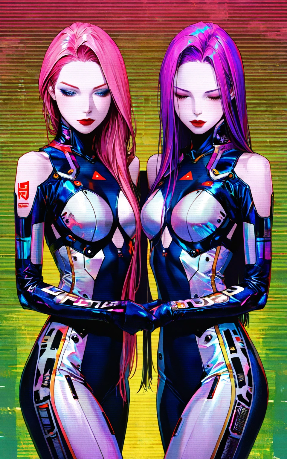 Two sexy young women, sheer bikinis, beautiful sci-fi twins, portrait anime space cadet girl, beautiful tattoo