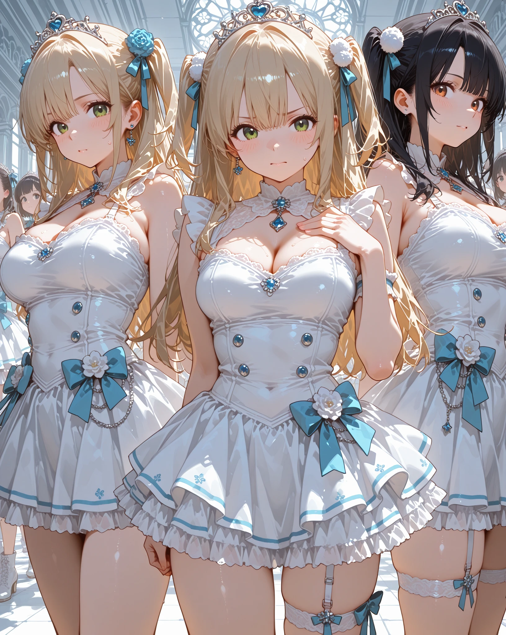 (masterpiece, best quality:1.2), 1 Girl, Solitary, blond, Blue hair band, 左边是Blue hair band, White blue bra, Black gloves, knight skirt, Solid color background