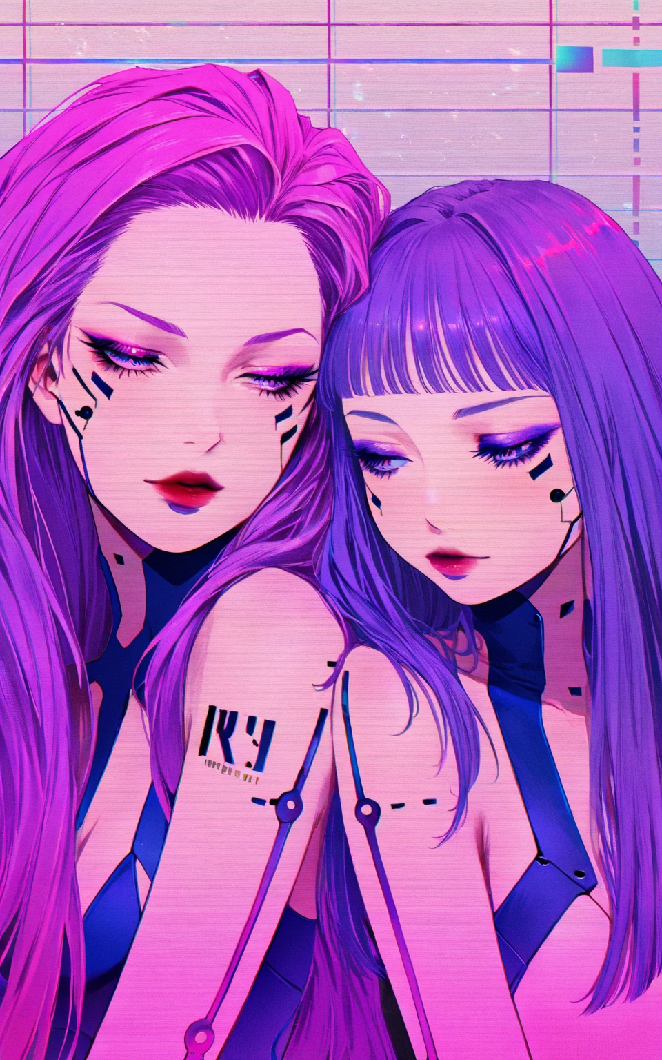 girl hair pink LARGE with black, eyes pink, face seriues with sunglasses cool  and friend girl hair black with purple, face seriues with sunglasses pose peace , butterflies purples particles little , anime HD , oufit futurista, crop top black , match icon, atmosphere 80s
