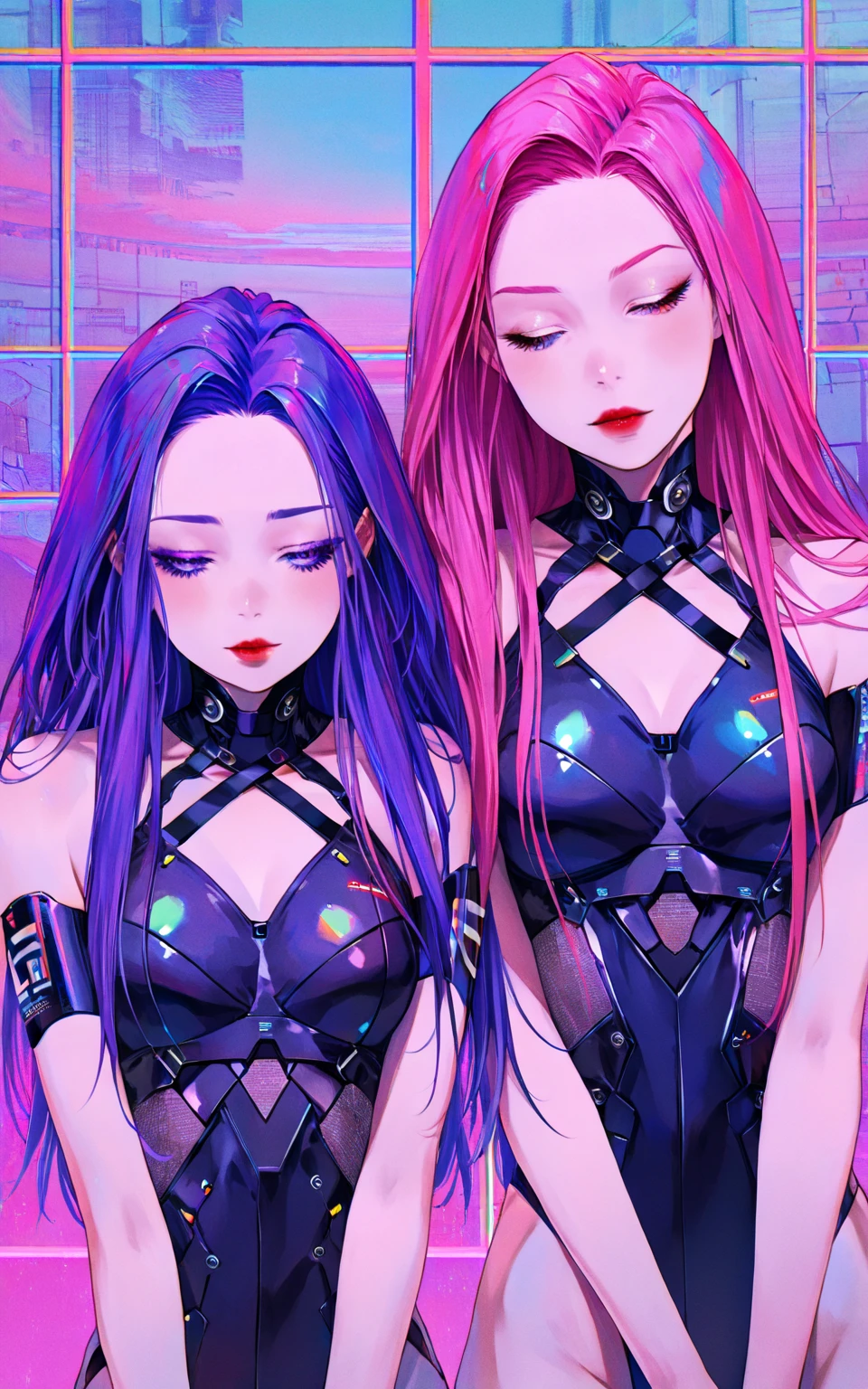 curly hair, beautiful anime girl, flouresente hair, shinier hair, neon purple color mixed with neon orange