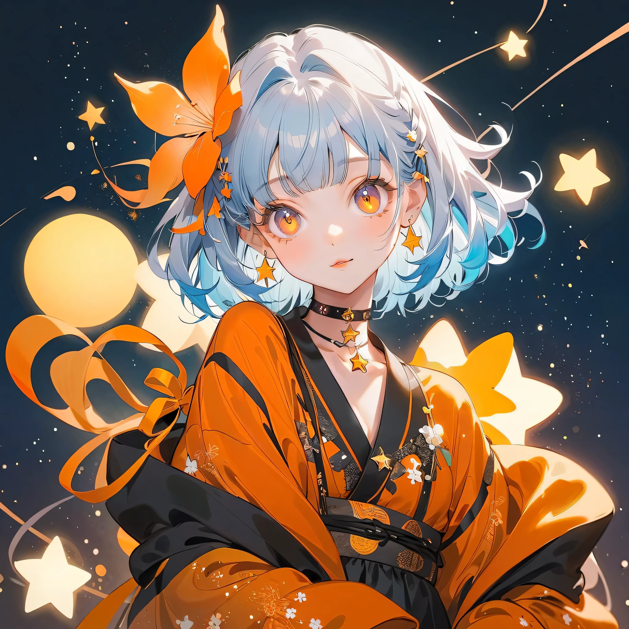 Best Details、top quality、Supreme Masterpiece、cute young girl with thin shoulders, (big eyes), best details, cute face, playful expression, Beautiful appearance,Through Bangs, ((Shiny milky white to light blue gradient hair)) ,((Light Blue Hair)),attention to beautiful details,((dark blue and orange color palette)), ((オレンジneonカラー)), (( Star Choker )), ((襟に frills)), ((wear a colorful and cute gothic kimono costume)), ((Protruding shoulders, long wide cuffs)), ((fashion patterns that feel like outer space)), (( Star Fairy)), ((wear a colorful and cute gothic kimono costume)), ((hands are not shown)),ribbon, frills, and small, World's Cutest Girl, star background, best details , 虹とribbonの髪飾り, vtuber character design, neon, Shine, sparkle, Flower, Crescent 、wolf cut hairstyle