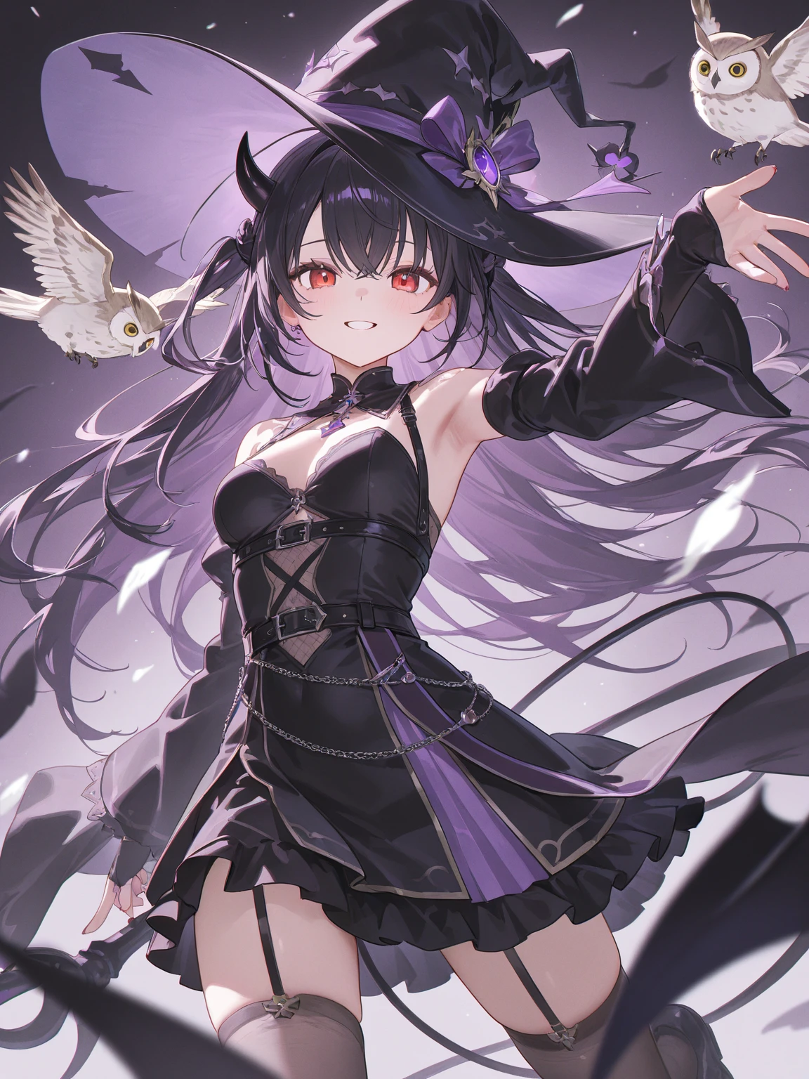 transparent black gloves, solo, smile, hairstyle, jewelry, dress, bangs, kawaii, black and blue, daring, anime, pastel, neon, character list, clothing list,