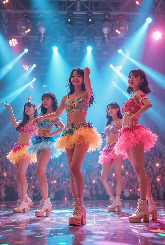 「Three cute Japanese beauties perform synchronized dancing、Surreal and dreamlike environments。The scene captures their choreography with bird's-eye views and wide shots.、It's harmonious and smooth。The lighting is blue and purple、It enhances the dreamlike atmosphere of this scene.。」