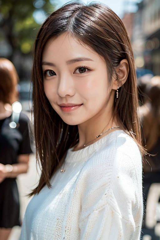Photo, Beautiful Japanese woman with double eyelids, a cute face shape and dimples on her cheeks, wearing a gray top, black leather skirt, transparent stockings, posing for photos in the street of Tokyo, holding one hand to her chin, showing off sharp shoulders, shiny hair with a glossy texture, real skin texture, in the style of a photographer.