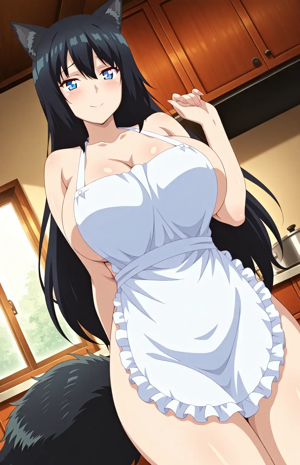 naked apron,1 girl,20 years old, ,large Chest, Young women,Fair Finger,Fair long legs,Fair Body,Fair Nose,Fair character design, Perfect eyes, perfect Face,Expressive eyes, Looking at the audience,(lead_Body),(Focus on her Face), Official Art,Extremely detailed CG unity 8k wallpaper, Perfect Lighting,rich and colorful, bright_front_Face_Light,發Light的皮膚, (masterpiece:1.0),(the best_quality:1.0), Ultra-high resolution,4K,Very detailed, photography, 8K, Human Development Report, high resolution, absurd:1.2, Kodak Portrait 400, Film Grain, Blurred background, Bokeh:1.2, 鏡頭Light暈, (Energetic_color:1.2) (Fair,Target_Chest:1.2), (Fair_Face:1.5),(narrow_waist), Smile, Happy