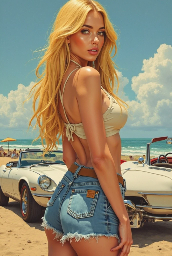 Romantic oil paintingwoman Dynamic pose Toned physique. Round, oversized sunglasses with green tiny. Golden,flowing hair. Sublty freckled complexion. Distant, yet intimate gaze. Arms hanging losley by her sides. Tight fitted overalls with Plunging neckline.