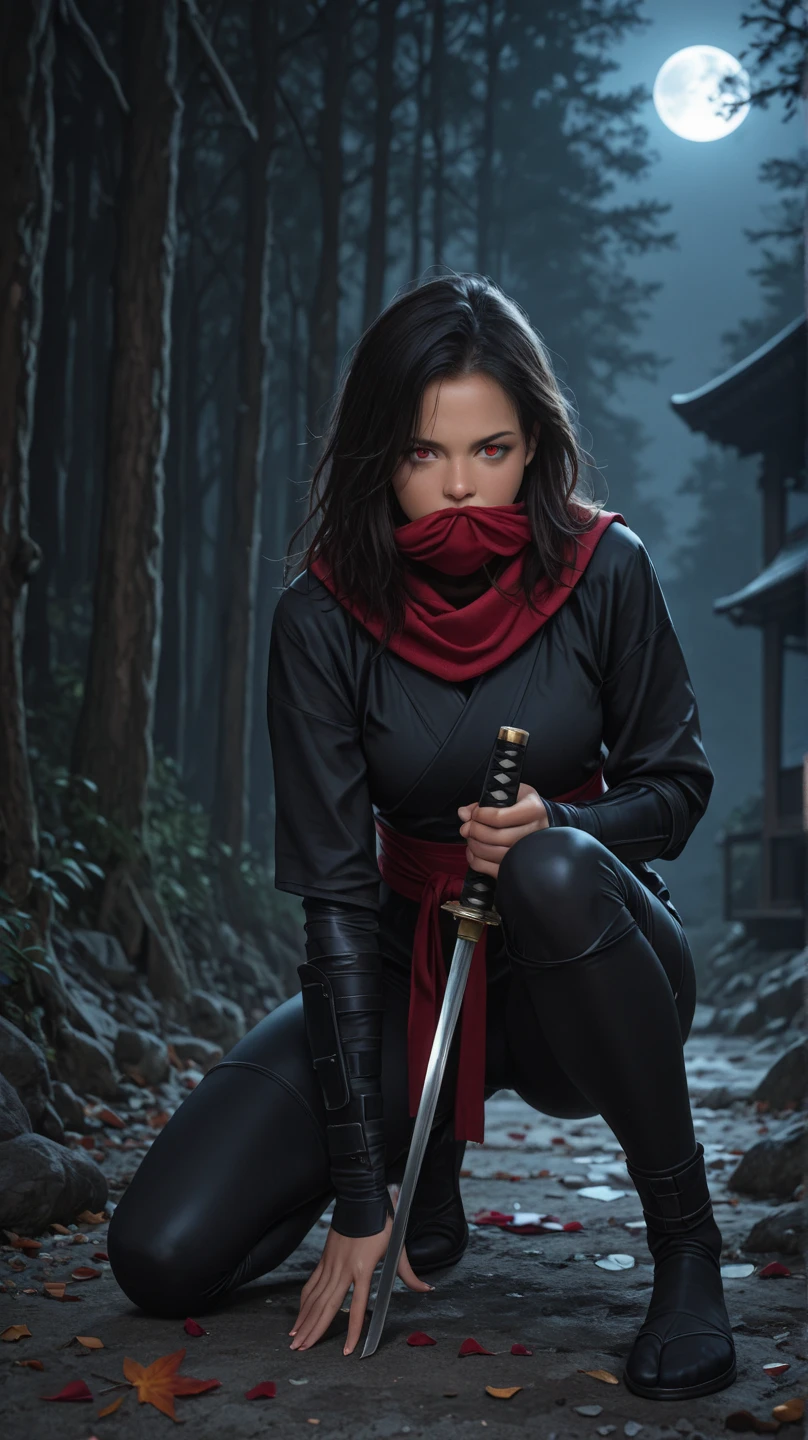 Korean sexy very beautiful woman, cutting throat of a boy ninja blindfold bloody throat, midday